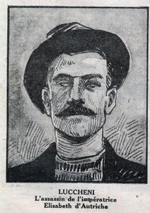 Portret Luigiego Lucheni (1873-1910), włoskiego anarchisty, zabójcy Elisabeth de Wittelsbach, cesarzowej Austrii znanej jako Sissi w 1898 roku. Grawerowanie w „”L