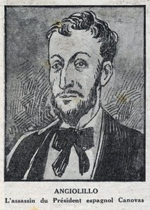 Portret Michele Angiolillo Lombardiego dit Jose Sants lub Rinaldiniego, włoskiego anarchisty (1871-1897) zabójcy przewodniczącego Rady Hiszpańskiej Antonio Canovas del Castillo (1828-1897). Grawerowanie w „”L