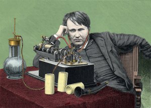 Portret Thomasa Edisona (1847-1931), amerykańskiego fizyka, z jego fonografem. Rycina z około 1900 roku. autorstwa Anonymous Anonymous