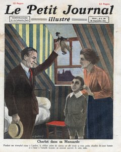 Portret aktora Charliego Chaplina podróżującego do Londynu, odwiedzającego swój dawny pokój, ofiarowuje dziecku rodziny małą lalkę Charlot. Ilustracja zaczerpnięta z „Le petit journal illustrious”” z 23.09.1921 r. Prywatna kolekcja autorstwa Anonymous Anonymous