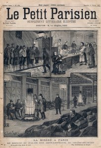 Ubóstwo w Paryżu: schronienie Palais des arts-liberaux (sztuk wyzwolonych) na terenie marca - u drzwi azylu - dystrybucja zup. Grawer w „Le petit Parisien”” z 1891 r. Ze zbiorów prywatnych. autorstwa Anonymous Anonymous