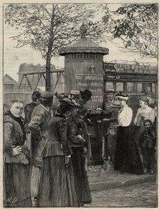 Higiena publiczna: mieszkańcy Paryża korzystają z jednej z fontann z filtrem zainstalowanych w 15. dzielnicy. Fontanny te posiadają filtr systemu Chamberland Pasteur. Grawer „Le monde illustree” z 1892 r. Ze zbiorów prywatnych. autorstwa Anonymous Anonymous
