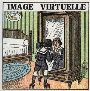 Odbicie światła: wirtualny obraz. Dziecko kontemplujące swoje odbicie w lustrze. Anonimowa ilustracja z 1925 r. Ze zbiorów prywatnych. autorstwa Anonymous Anonymous