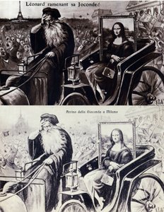 Reprezentacja Leonarda de Vinci (Leonardo da Vinci) (1452-1519) przywracająca jego dzieło „Mona Lisa” (Mona Lisa, Monna Lisa) po kradzieży dzieła przez Vincenzo Peruggia (1881-1925) dnia 21.08.1911 r. Pocztówka komediowa autorstwa Anonymous Anonymous