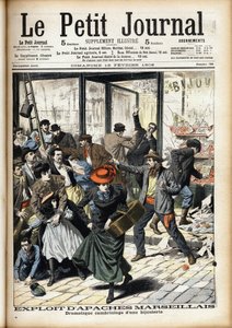 Napad na sklep jubilerski w Marsylii przez Apaches Marseille. Grawerowanie w nagłówku Dziennika Petycji autorstwa Anonymous Anonymous