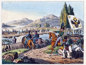 Armia rosyjska przekracza rzekę Prut do Mołdawii w maju 1828 r. - Anonim - 1829 - Akwaforta, akwarela - 37,9x24,4 - Kolekcja prywatna autorstwa Anonymous Anonymous