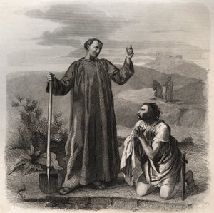 Św. Benedykt z Nursji witający króla Ostrogotów Totili (VI w.). Rycina z 1846 r. w „Żywotach świętych”. Prywatna kolekcja. autorstwa Anonymous Anonymous
