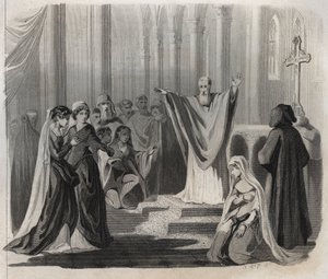 Św. Dunstan (ok. 909-988), wigilia Canterbury, benedyktyn i reformator życia monastycznego w Anglii, obwieszczający ludowi zbliżającą się śmierć. Rycina z 1846 r. w „Żywotach świętych”. Prywatna kolekcja. autorstwa Anonymous Anonymous