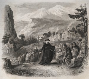 Saint Francois-de-Sales (Saint Francois de Sales) (1567-1622), wigilia Genewy podczas wizyty duszpasterskiej. Rycina z 1846 r. w „Żywotach świętych”. Prywatna kolekcja. autorstwa Anonymous Anonymous