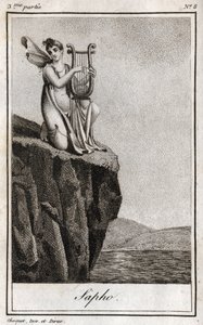 Sapho (lub Safona, VII wpne), grecki poeta starożytności. Rycina z 1819 r. w „Lettres a Emilie sur la mitologie” Charlesa Alberta Demoustiera (1760-1801). Prywatna kolekcja. autorstwa Anonymous Anonymous