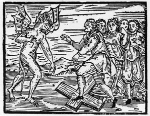 Szatan zmusza swoich przyszłych uczniów do chodzenia po krzyżu - „Kompendium Maleficarum”, zajmuje się czarownicami, ich złem i szantażami autorstwa Francesco Marii Guazzo lub Guaccio lub Guaccius (15??-16??) 1608 Kolekcja prywatna autorstwa Anonymous Anonymous
