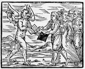 Szatan przedstawia wyznawcom czarną księgę w zamian za księgę Ewangelii - „Kompendium Maleficarum”, omawiające czarownice, ich nieszczęścia i wypadki autorstwa Francesco Marii Guazzo lub Guaccio lub Guaccius (15??-16??) 1608 Kolekcja prywatna autorstwa Anonymous Anonymous