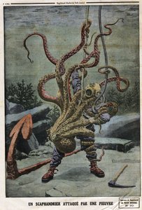 Scaphandler zaatakowany przez ośmiornicę. Grawerowanie w „Le petit Journal”, 16.06.1912 r. Prywatna kolekcja. autorstwa Anonymous Anonymous