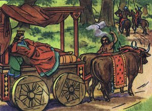 Scena ukazująca leniwych królów: Króla Francji Thierry III (673-691) niesie w czołgu z łożem ciągniętym przez woły. Anonimowa ilustracja w „” Collection des souverains et chefs d