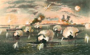 Wojna secesyjna (1861-1865): „”Atak pancerników pływających z baterii podczas wojny secesyjnej”” Rycina około 1865 r. Zbiory prywatne autorstwa Anonymous Anonymous
