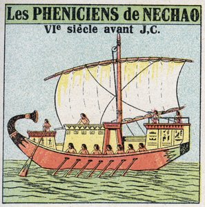Statki i statki: Feniccy marynarze w służbie faraona Necho w VII wieku p.n.e. Anonimowa ilustracja z 1925 r. Ze zbiorów prywatnych. autorstwa Anonymous Anonymous