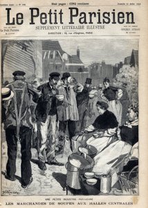 Mały przemysł paryski: kupcy zup na rynkach centralnych. Rytownictwo. Jedna z gazet „Le petit parisien”” z 31.07.1892. Prywatna kolekcja autorstwa Anonymous Anonymous