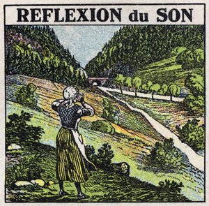 Energia dźwięku: odbicie dźwięku przez zjawisko echa. Anonimowa ilustracja z 1925 r. Ze zbiorów prywatnych. autorstwa Anonymous Anonymous