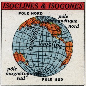 Magnetyzm ziemski: Mapa magnetyczna pokazująca izokliny i izogony. Anonimowa ilustracja z 1925 r. Ze zbiorów prywatnych. autorstwa Anonymous Anonymous