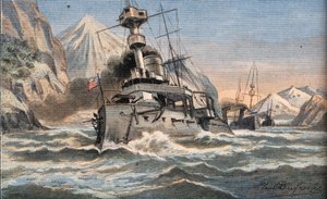 Amerykańska flota w Magellan Detroit. Grawer z gazety „Le Petro Parisien”, 23.02.1908. Prywatna kolekcja. autorstwa Anonymous Anonymous