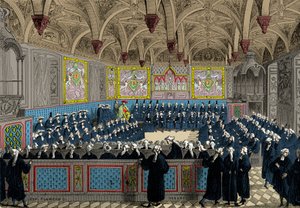 Zgromadzenie Parlamentu w 1787 r. w obecności króla Ludwika XVI, rycina, kolekcja prywatna autorstwa Anonymous Anonymous