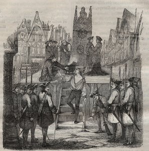 Kawaler Francois-Jean Lefebvre de La Barre (Francois Jean Lefebvre de LaBarre) wstępujący na szubienicę w 1766 r. Grawer w „Historii więzień od ich powstania do dnia dzisiejszego” (1877) autorstwa Pierre