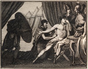 Śmierć Epaminondasa (po bitwie ze Spartanami pod Mantineia 362 pne). Rycina z „Roliska młodości czyli wybranych fragmentów starożytnych i rzymskich opowieści” 1816. Zbiory prywatne. autorstwa Anonymous Anonymous