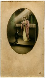Eucharystia, Komunia Święta, Sakrament Ołtarza: dziecko przed Jezusem (rycina) autorstwa Anonymous Anonymous