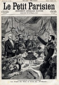 Sojusz francusko-rosyjski: toast cara Mikołaja II (1868-1918) na cześć prezydenta Francji Feliksa Faure (1841-1899) na pokładzie Pothau. W „Le Petit Parisien”” w dniu 5/09/1897. Prywatna kolekcja autorstwa Anonymous Anonymous