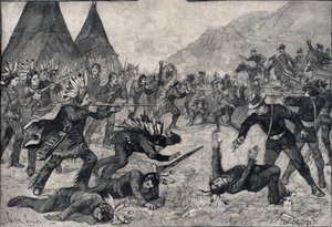 Powstanie indyjskie w Stanach Zjednoczonych: walka między Indianami Siuksów a wojskami amerykańskimi. Grawer w „Le petit Parisien”” z 1891 r. Ze zbiorów prywatnych. autorstwa Anonymous Anonymous