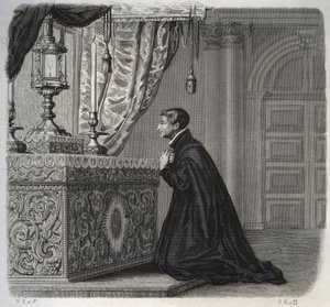 Włoski jezuita Louis de Gonzague (San Luigi Gonzaga) (1568-1591) w modlitwie. Rycina z 1846 r. w „Żywotach świętych”. Prywatna kolekcja. autorstwa Anonymous Anonymous