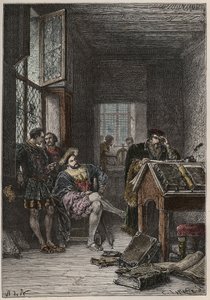 Król Francji Franciszek I (1494-1547), protektor sztuki i pisma, wizyta w warsztatach drukarza Estienne (Robert Estienne), ok. 1540 (Król Francji Franciszek I wizyta w warsztatach królewskich typografów Estienne autorstwa Anonymous Anonymous
