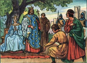 Król Francji Saint Louis (Ludwik IX 1214-1270) wymierza sprawiedliwość pod dębem Bois de Vincennes. Anonimowa ilustracja w „”Kolekcji suwerenów i głów państw Francji””. XX wiek. Prywatna kolekcja. autorstwa Anonymous Anonymous
