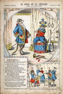 Małpa i lampart. Anonimowa ilustracja do Les Fables autorstwa Jeana de LA FONTAINE (Lafontaine) (1621-1695). Obraz Pont-a-Mousson, ok. 1880. Zbiory prywatne. autorstwa Anonymous Anonymous