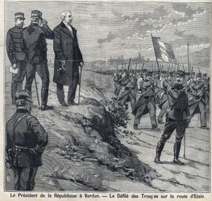 Prezydent Republiki Felix Faure (1841-1899) odwiedza Verdun (Moza): zbezczeszczenie szkoły wojskowej przy drodze Etin. Grawer w „”Le Petro Parisien”” autorstwa Anonymous Anonymous