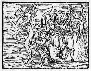 Szabatowy rytualny pocałunek na pośladkach diabła - „Compendium Maleficarum”, dotyczy wiedźm, ich nieszczęść i pobożności Francesco Marii Guazzo lub Guaccio lub Guaccius (15??-16??) 1608 Kolekcja prywatna