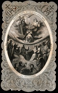 Najświętsza Maryja Panna z Trójcą Świętą (Bogiem, Jezusem Chrystusem i gołębicą Ducha Świętego). Karta Dentele. 19 wiek. Prywatna kolekcja autorstwa Anonymous Anonymous