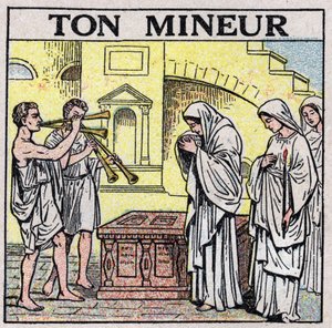 Sztuka dźwięków: Twój górnik. Podwójni fleciści na ulicy w dawnych czasach (podczas pogrzebu?). Anonimowa ilustracja z 1925 r. Ze zbiorów prywatnych. autorstwa Anonymous Anonymous
