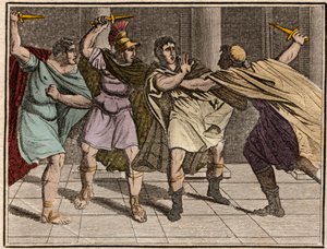 Zabójstwo cesarza rzymskiego Juliusza Cezara (Jules Cesar - Giulio Cesare lub Caius Julius Caesar) 15 marca 44 pne - Rycina z „Rollina młodości czyli wybrane fragmenty starożytnych i rzymskich opowieści” 1816 – zbiory prywatne autorstwa Anonymous Anonymous