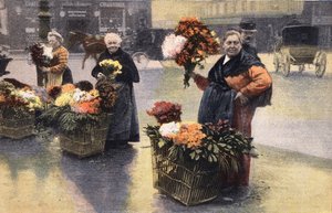 Impreza chryzantemowa: handlarz chryzantemami na ulicy. Rytownictwo. Jedna z gazet „Le petit parisien”” z dnia 20.11.1910. Prywatna kolekcja. autorstwa Anonymous Anonymous