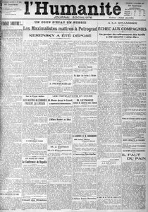 Zamach stanu w Rosji na nagłówkach socjalistycznej gazety „Ludzkość””. Nagłówki:”” Masters Maximalists w Piotrogrodzie””, „” Kiereński został zdeponowany””” (Kiereński), 9.11.1917. autorstwa Anonymous Anonymous