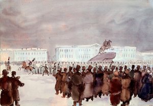 Tłum na Placu Senackim podczas powstania dekabrystów w 1825 r. Dekabryści lub dekabryści z brutalnie stłumionej próby zamachu stanu zorganizowanego w Petersburgu 14 grudnia 1825 r. w celu uzyskania od przyszłego cara konstytucji modernizującej reżim. Anoni autorstwa Anonymous Anonymous