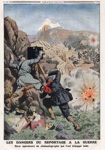 Zagrożenia związane z raportowaniem na wojnie: „”dwóch korespondentów reporterów w krajach będących w stanie wojny z narażeniem życia”””ilustracja z „”Le Petit Journal””11.03.1912 Ze zbiorów prywatnych. autorstwa Anonymous Anonymous