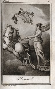 Świt (Apollo prowadzi rydwan słońca). Alegoria wschodu słońca. Rycina z 1819 r. w „Lettres a Emilie sur la mitologie” Charlesa Alberta Demoustiera (1760-1801). Prywatna kolekcja. autorstwa Anonymous Anonymous