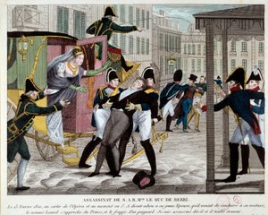 Śmierć Karola Ferdynanda de Bourbon, księcia Berry (1778-1820) 13.02.1820 przy wyjściu z Królewskiej Akademii Muzycznej Siostrzeniec króla Ludwika XVIII został zamordowany w Operze przez Louvela, republikanina, który chciał się zamknąć dynastia królewska.  autorstwa Anonymous Anonymous