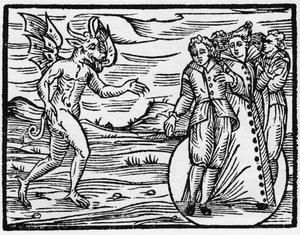 Diabeł zobowiązuje tych, którzy sprawili, że się pojawił, aby zawarli z nim pakt - „Kompendium Maleficarum”, zajmuje się czarownicami, ich złem i rasizmem Francesco Maria Guazzo lub Guaccio lub Guaccius (15??-16??) 1608 Kolekcja prywatna autorstwa Anonymous Anonymous