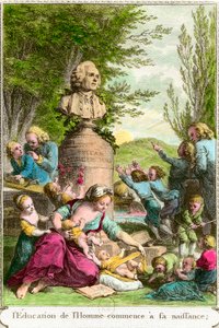 Edukacja człowieka zaczyna się od jego narodzin: matki z dziećmi, obok popiersia w hołdzie szwajcarskiemu filozofowi Jeanowi Jacquesowi Rousseau (1712-1778). Rycina XVIII-wiecznej kolekcji prywatnej autorstwa Anonymous Anonymous