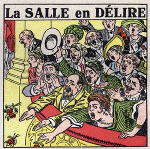 Efekty muzyczne: widzowie teatru wyrażający swoją radość okrzykami, brawami i kwitnącymi kwiatami. Anonimowa ilustracja z 1925 r. Ze zbiorów prywatnych. autorstwa Anonymous Anonymous