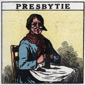 Oko: osoba cierpiąca na starczowzroczność. Anonimowa ilustracja z 1925 r. Ze zbiorów prywatnych. autorstwa Anonymous Anonymous