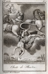 Upadek Phaetona Phaeton (Phaeton), niezdolny do kontrolowania czołgu Helios, został uderzony przez Zeusa i wpadł do rzeki Eridan. Rycina z 1819 r. w „Lettres a Emilie sur la mitologie” Charlesa Alberta Demoustiera (1760-1801). Prywatna kolekcja. autorstwa Anonymous Anonymous
